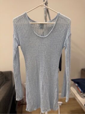 Simple Light Blue Ribbed Scoop Neck Knit Top